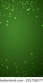 Beautiful snowfall christmas background. Subtle flying snow flakes and stars on christmas green background. Beautiful snowfall overlay template. Vertical vector illustration.