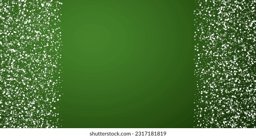 Beautiful snowfall christmas background. Subtle flying snow flakes and stars on christmas green background. Beautiful snowfall overlay template. Wide vector illustration.