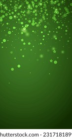 Beautiful snowfall christmas background. Subtle flying snow flakes and stars on christmas green background. Beautiful snowfall overlay template. Vertical vector illustration.