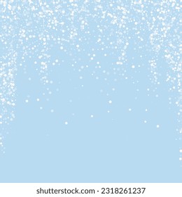 Beautiful snowfall christmas background. Subtle flying snow flakes and stars on light blue winter backdrop. Beautiful snowfall overlay template. Square vector illustration.