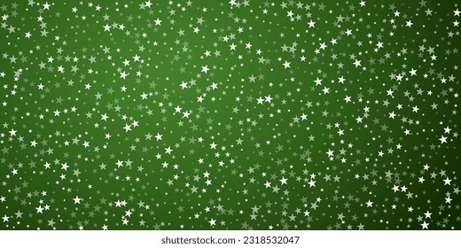 Hermoso fondo de navidad de nevadas. Sutiles copos de nieve volando y estrellas sobre fondo verde navideño. Hermosa plantilla de superposición de nevadas. Ilustración vectorial amplia.