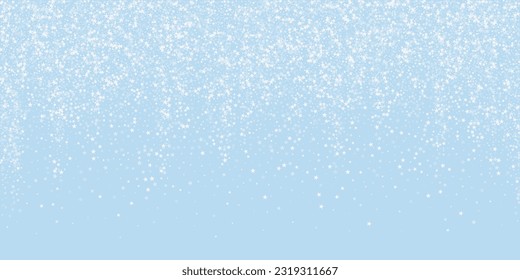 Beautiful snowfall christmas background. Subtle flying snow flakes and stars on light blue winter backdrop. Beautiful snowfall overlay template. Wide vector illustration.