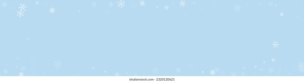 Beautiful snowfall christmas background. Subtle flying snow flakes and stars on light blue winter backdrop. Beautiful snowfall overlay template. Panoramic vector illustration.