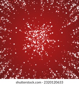 Beautiful snowfall christmas background. Subtle flying snow flakes and stars on christmas red background. Beautiful snowfall overlay template. Square vector illustration.