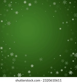 Beautiful snowfall christmas background. Subtle flying snow flakes and stars on christmas green background. Beautiful snowfall overlay template. Square vector illustration.