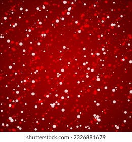 Beautiful snowfall christmas background. Subtle flying snow flakes and stars on christmas red background. Beautiful snowfall overlay template. Square vector illustration.