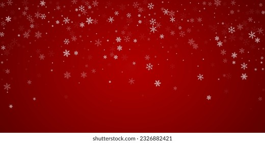 Beautiful snowfall christmas background. Subtle flying snow flakes and stars on christmas red background. Beautiful snowfall overlay template. Wide vector illustration.