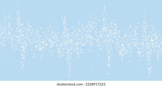 Beautiful snowfall christmas background. Subtle flying snow flakes and stars on light blue winter backdrop. Beautiful snowfall overlay template. Wide vector illustration.