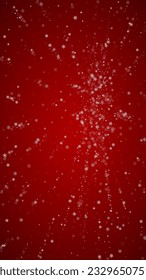 Beautiful snowfall christmas background. Subtle flying snow flakes and stars on christmas red background. Beautiful snowfall overlay template. Vertical vector illustration.