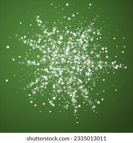 Beautiful snowfall christmas background. Subtle flying snow flakes and stars on christmas green background. Beautiful snowfall overlay template. Square vector illustration.