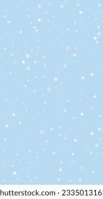 Beautiful snowfall christmas background. Subtle flying snow flakes and stars on light blue winter backdrop. Beautiful snowfall overlay template. Vertical vector illustration.