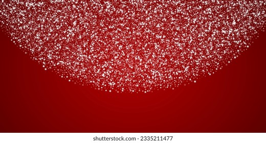 Beautiful snowfall christmas background. Subtle flying snow flakes and stars on christmas red background. Beautiful snowfall overlay template. Wide vector illustration.