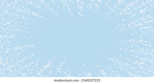 Beautiful snowfall christmas background. Subtle flying snow flakes and stars on light blue winter backdrop. Beautiful snowfall overlay template. Wide vector illustration.