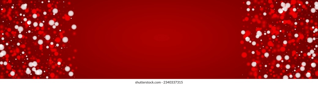 Beautiful snowfall christmas background. Subtle flying snow flakes and stars on christmas red background. Beautiful snowfall overlay template. Panoramic vector illustration.