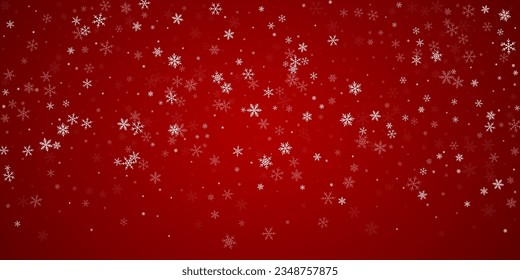 Beautiful snowfall christmas background. Subtle flying snow flakes and stars on christmas red background. Beautiful snowfall overlay template. Wide vector illustration.