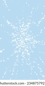 Beautiful snowfall christmas background. Subtle flying snow flakes and stars on light blue winter backdrop. Beautiful snowfall overlay template. Vertical vector illustration.