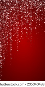 Beautiful snowfall christmas background. Subtle flying snow flakes and stars on christmas red background. Beautiful snowfall overlay template. Vertical vector illustration.