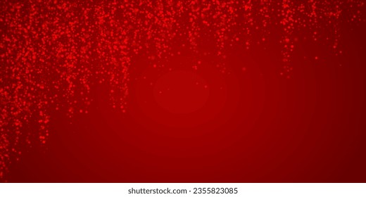 Hermoso fondo de navidad de nevadas. Sutiles copos de nieve volando y estrellas de fondo rojo navideño. Hermosa plantilla de superposición de nevadas. Ilustración vectorial amplia.