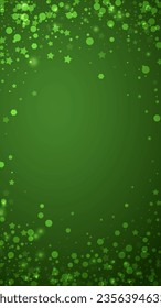 Beautiful snowfall christmas background. Subtle flying snow flakes and stars on christmas green background. Beautiful snowfall overlay template. Vertical vector illustration.