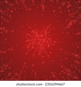 Hermoso fondo de navidad de nevadas. Sutiles copos de nieve volando y estrellas de fondo rojo navideño. Hermosa plantilla de superposición de nevadas. Ilustración vectorial cuadrada.