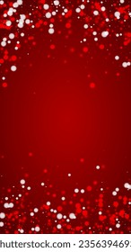 Beautiful snowfall christmas background. Subtle flying snow flakes and stars on christmas red background. Beautiful snowfall overlay template. Vertical vector illustration.