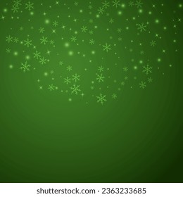 Schöner Schneefall-Weihnachtshintergrund. Subtile fliegende Schneeflocken und Sterne auf Weihnachtsgrünem Hintergrund. Schöne Schneefall-Overlay-Vorlage. Square, Vektorgrafik.
