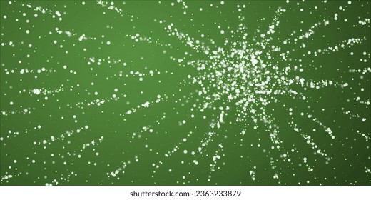 Beautiful snowfall christmas background. Subtle flying snow flakes and stars on christmas green background. Beautiful snowfall overlay template. Wide vector illustration.