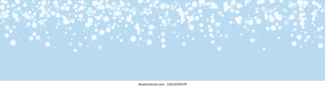Hermoso fondo de navidad de nevadas. Sutiles copos de nieve volando y estrellas en el fondo azul claro del invierno. Hermosa plantilla de superposición de nevadas. Ilustración de vector panorámica.