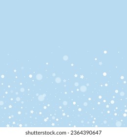 Hermoso fondo de navidad de nevadas. Sutiles copos de nieve volando y estrellas en el fondo azul claro del invierno. Hermosa plantilla de superposición de nevadas. Ilustración vectorial cuadrada.