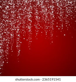 Beautiful snowfall christmas background. Subtle flying snow flakes and stars on christmas red background. Beautiful snowfall overlay template. Square vector illustration.