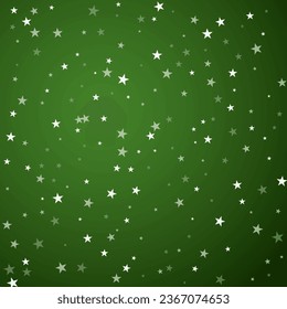 Beautiful snowfall christmas background. Subtle flying snow flakes and stars on christmas green background. Beautiful snowfall overlay template. Square vector illustration.