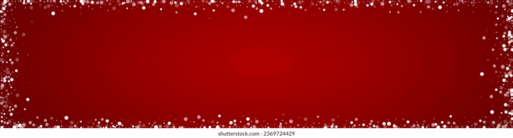 Beautiful snowfall christmas background. Subtle flying snow flakes and stars on christmas red background. Beautiful snowfall overlay template. Panoramic vector illustration.