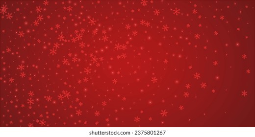 Beautiful snowfall christmas background. Subtle flying snow flakes and stars on christmas red background. Beautiful snowfall overlay template. Wide vector illustration.