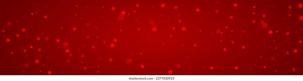 Beautiful snowfall christmas background. Subtle flying snow flakes and stars on christmas red background. Beautiful snowfall overlay template. Panoramic vector illustration.