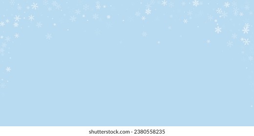 Beautiful snowfall christmas background. Subtle flying snow flakes and stars on light blue winter backdrop. Beautiful snowfall overlay template. Wide vector illustration.