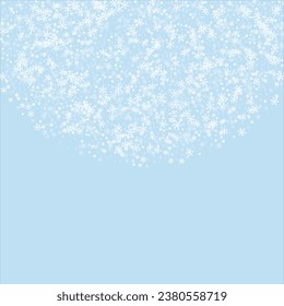 Beautiful snowfall christmas background. Subtle flying snow flakes and stars on light blue winter backdrop. Beautiful snowfall overlay template. Square vector illustration.