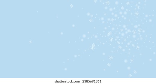Hermoso fondo de navidad de nevadas. Sutiles copos de nieve volando y estrellas en el fondo azul claro del invierno. Hermosa plantilla de superposición de nevadas. Ilustración vectorial amplia.