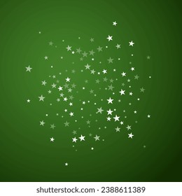 Beautiful snowfall christmas background. Subtle flying snow flakes and stars on christmas green background. Beautiful snowfall overlay template. Square vector illustration.