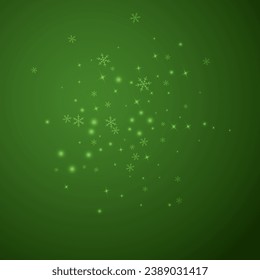 Beautiful snowfall christmas background. Subtle flying snow flakes and stars on christmas green background. Beautiful snowfall overlay template. Square vector illustration.
