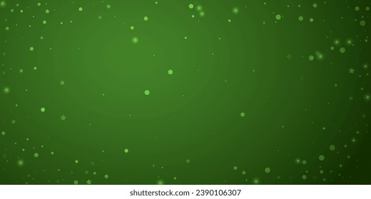 Beautiful snowfall christmas background. Subtle flying snow flakes and stars on christmas green background. Beautiful snowfall overlay template. Wide vector illustration.