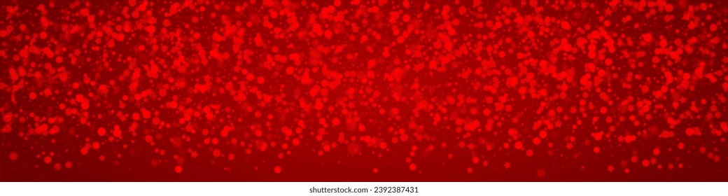 Beautiful snowfall christmas background. Subtle flying snow flakes and stars on christmas red background. Beautiful snowfall overlay template. Panoramic vector illustration.