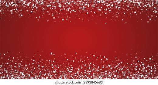 Beautiful snowfall christmas background. Subtle flying snow flakes and stars on christmas red background. Beautiful snowfall overlay template. Wide vector illustration.