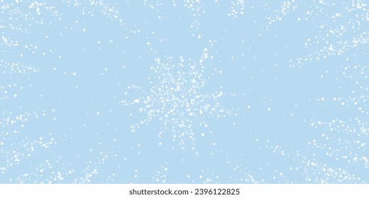 Beautiful snowfall christmas background. Subtle flying snow flakes and stars on light blue winter backdrop. Beautiful snowfall overlay template. Wide vector illustration.