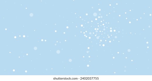 Hermoso fondo de navidad de nevadas. Sutiles copos de nieve volando y estrellas en el fondo azul claro del invierno. Hermosa plantilla de superposición de nevadas. Ilustración vectorial amplia.