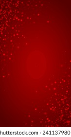 Beautiful snowfall christmas background. Subtle flying snow flakes and stars on christmas red background. Beautiful snowfall overlay template. Vertical vector illustration.