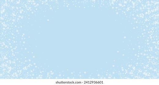Beautiful snowfall christmas background. Subtle flying snow flakes and stars on light blue winter backdrop. Beautiful snowfall overlay template. Wide vector illustration.