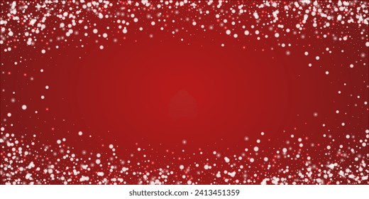 Beautiful snowfall christmas background. Subtle flying snow flakes and stars on christmas red background. Beautiful snowfall overlay template. Wide vector illustration.