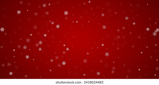 Hermoso fondo de navidad de nevadas. Sutiles copos de nieve volando y estrellas de fondo rojo navideño. Hermosa plantilla de superposición de nevadas. Ilustración vectorial amplia.