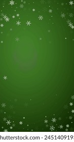 Beautiful snowfall christmas background. Subtle flying snow flakes and stars on christmas green background. Beautiful snowfall overlay template. Vertical vector illustration.