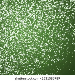 Beautiful snowfall christmas background. Subtle flying snow flakes and stars on christmas green background. Beautiful snowfall overlay template. Square vector illustration.